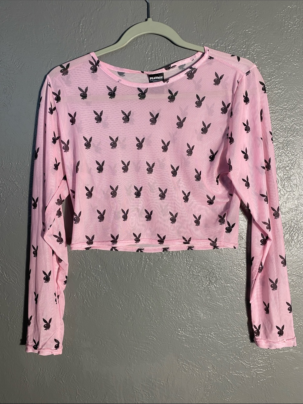 Playboy Sheer Mesh Crop Top L/XL Pink Bunny Print Long Sleeve Y2K